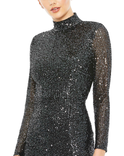 Ieena For Mac Duggal Sequined High Neck Long Sleeve Lace Up Gown In Graphite