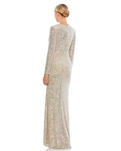 Shop Ieena For Mac Duggal Sequined Long Sleeve Faux Wrap Ruched Gown In Nude