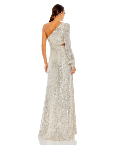 Shop Ieena For Mac Duggal Sequined One Shoulder Cut Out Gown In Silver