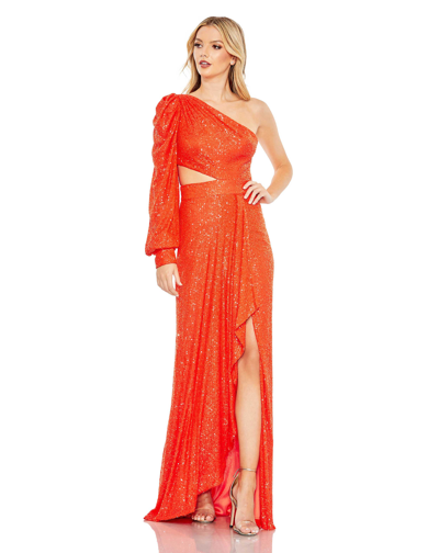 Shop Ieena For Mac Duggal Sequined One Shoulder Cut Out Gown In Tangerine