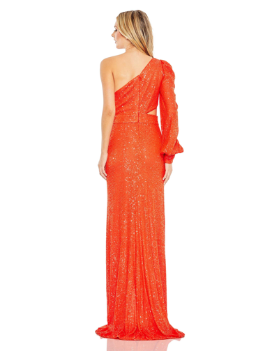 Shop Ieena For Mac Duggal Sequined One Shoulder Cut Out Gown In Tangerine