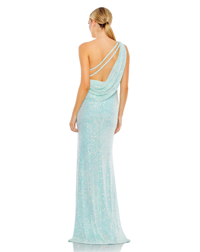 Shop Ieena For Mac Duggal Sequined One Shoulder Draped Back Gown In Ice Blue