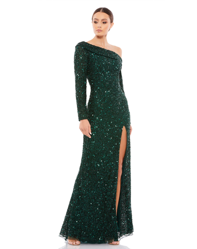 Shop Mac Duggal Sequined One Shoulder Evening Gown In Emerald Green