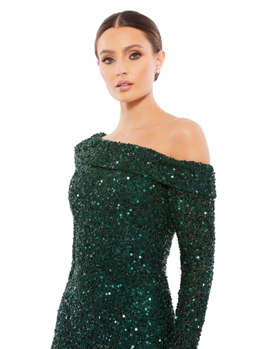 Shop Mac Duggal Sequined One Shoulder Evening Gown In Emerald Green