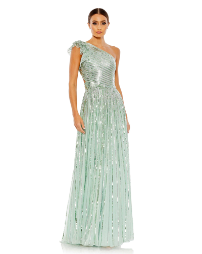 Mac Duggal Sequined One Shoulder Flutter Sleeve A Line Gown In Pistachio