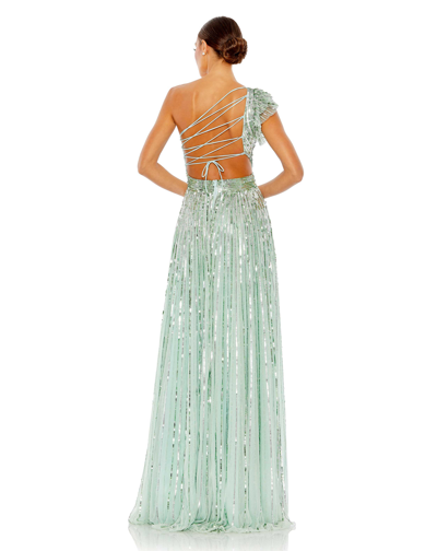 Mac Duggal Sequined One Shoulder Flutter Sleeve A Line Gown In Pistachio