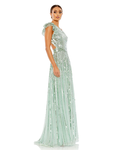 Mac Duggal Sequined One Shoulder Flutter Sleeve A Line Gown In Pistachio