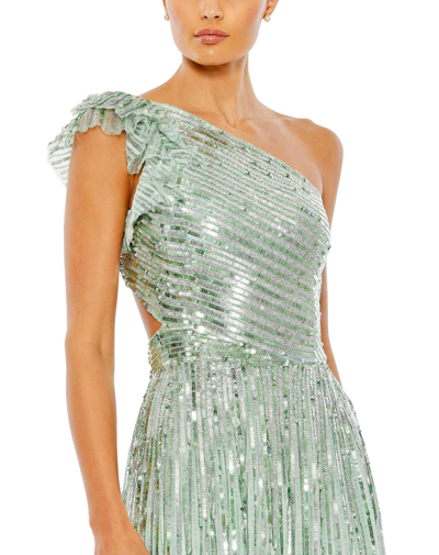 Mac Duggal Sequined One Shoulder Flutter Sleeve A Line Gown In Pistachio