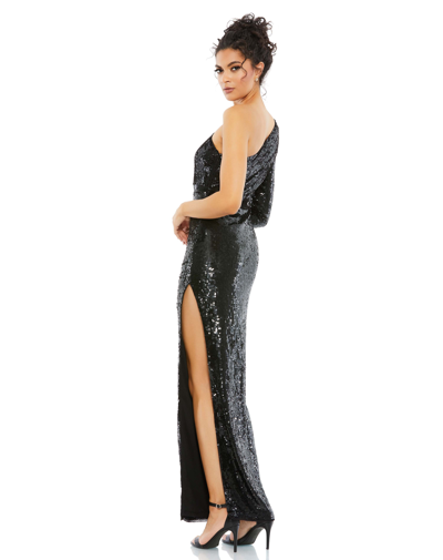 Shop Mac Duggal Sequined One Sleeve Column Gown In Black