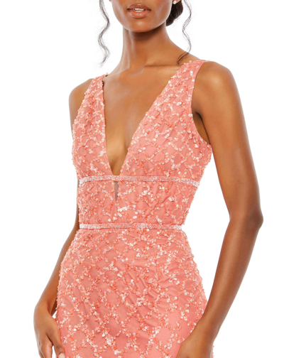 Shop Mac Duggal Sequined Plunge Neck Sleeveless Column Gown In Coral