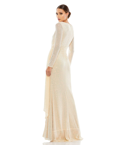 Mac Duggal Sequined Ruched Long Sleeve Cowl Neck Gown In Pearl