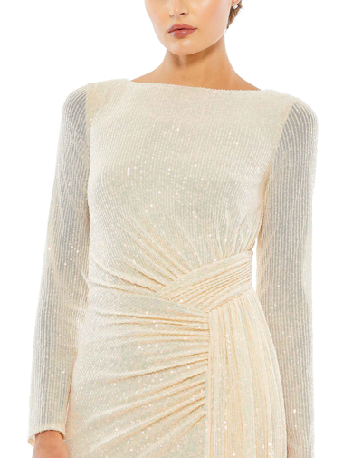 Mac Duggal Sequined Ruched Long Sleeve Cowl Neck Gown In Pearl