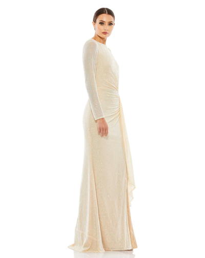 Mac Duggal Sequined Ruched Long Sleeve Cowl Neck Gown In Pearl