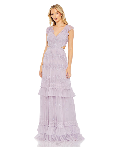 Shop Mac Duggal Sequined Ruffled Cap Sleeve Cut Out Tiered Gown In Lilac