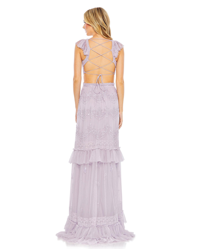 Shop Mac Duggal Sequined Ruffled Cap Sleeve Cut Out Tiered Gown In Lilac