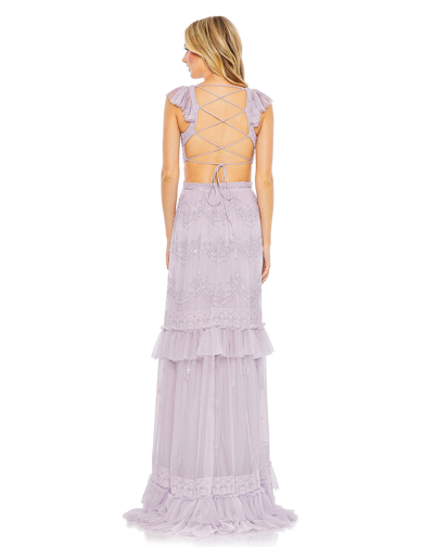 Mac Duggal Sequined Ruffled Cap Sleeve Cut Out Tiered Gown In Lilac