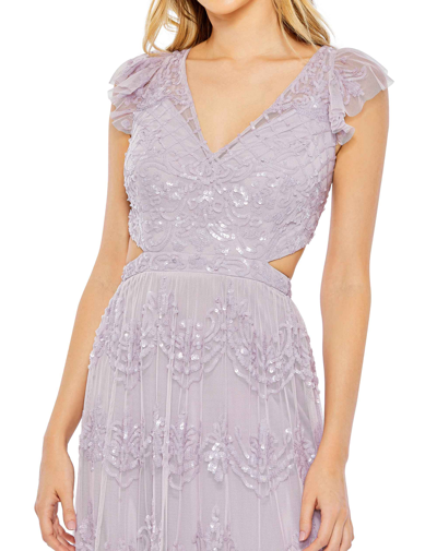 Shop Mac Duggal Sequined Ruffled Cap Sleeve Cut Out Tiered Gown In Lilac