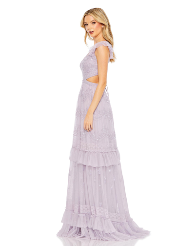 Mac Duggal Sequined Ruffled Cap Sleeve Cut Out Tiered Gown In Lilac