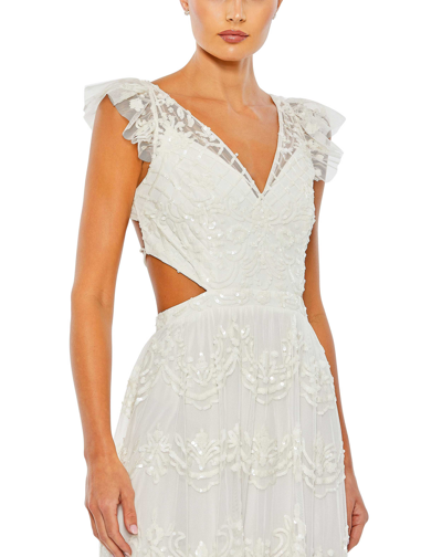 Shop Mac Duggal Sequined Ruffled Cap Sleeve Cut Out Tiered Gown In White