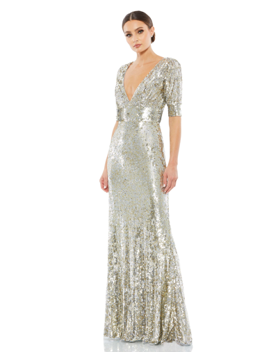 Shop Mac Duggal Sequined Short Sleeve Evening Gown - Final Sale In Platinum