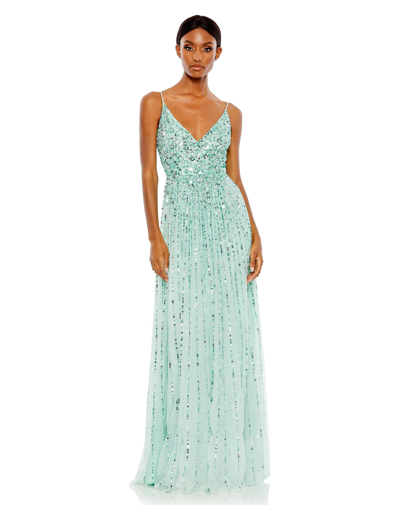 Shop Mac Duggal Sequined Sleeveless Wrap Over A Line Gown - Final Sale In Mint