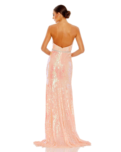 Shop Ieena For Mac Duggal Sequined Strapless Rhinestone Belt Gown In Coral