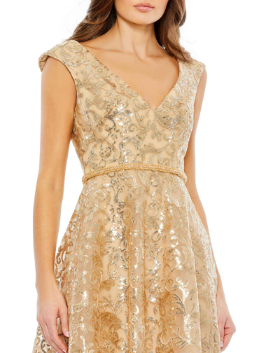 Shop Mac Duggal Sequined V Neck Cap Sleeve Dress In Gold
