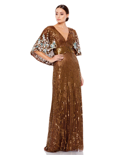 Shop Mac Duggal Sequined V Neck Floral Embellished Cape Sleeve Gown In Chocolate