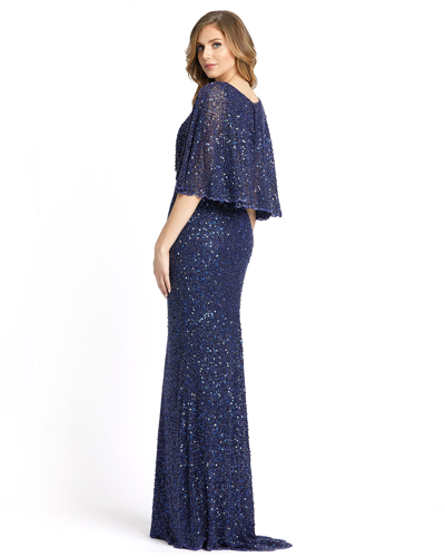 Shop Mac Duggal Sequined V-neck Cape Sleeve Beaded Waist Gown In Midnight