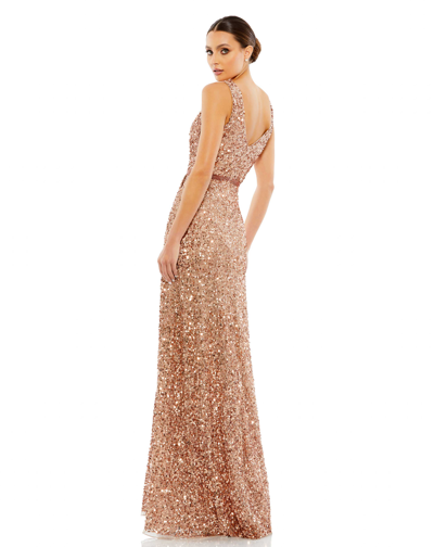 Shop Mac Duggal V-neck High Slit Sequined Wrap Gown In Copper