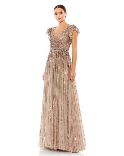 Shop Mac Duggal Sequined Wrap Over Ruffled Cap Sleeve Gown In Copper