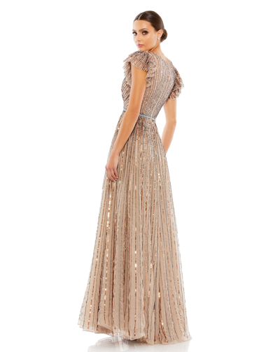 Shop Mac Duggal Sequined Wrap Over Ruffled Cap Sleeve Gown In Copper