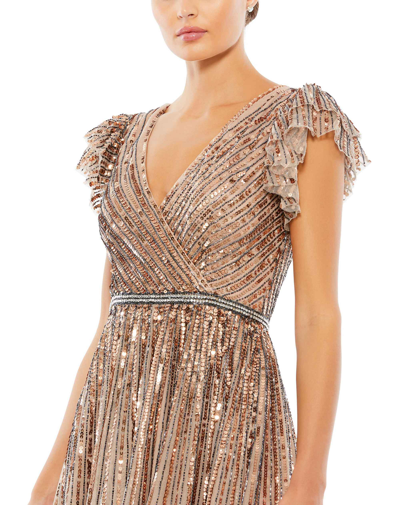 Shop Mac Duggal Sequined Wrap Over Ruffled Cap Sleeve Gown In Copper