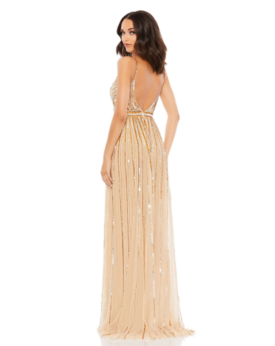 Shop Mac Duggal Sequined Wrap Over Sleeveless Gown In Nude/gold