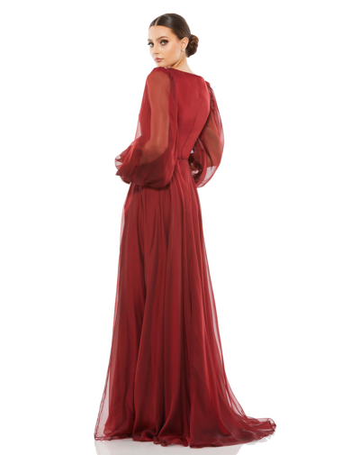 Mac Duggal Sheer Blouson Sleeve Surplice Gown In Garnet