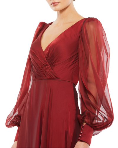 Mac Duggal Sheer Blouson Sleeve Surplice Gown In Garnet