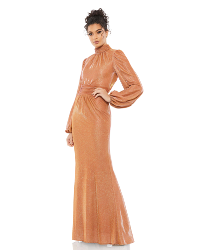 Shop Mac Duggal Draped Glitter Fabric High Neck Puff Sleeve Trumpet Gown In Rust