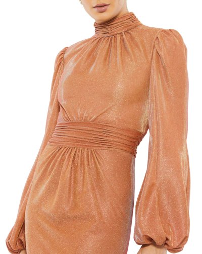 Mac Duggal Draped Glitter Fabric High Neck Puff Sleeve Trumpe Dress In Rust