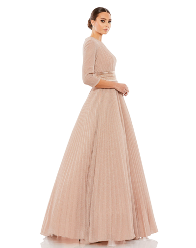 Shop Ieena For Mac Duggal Shimmering Pleated A-line 3/4 Sleeve Gown In Rose/gold