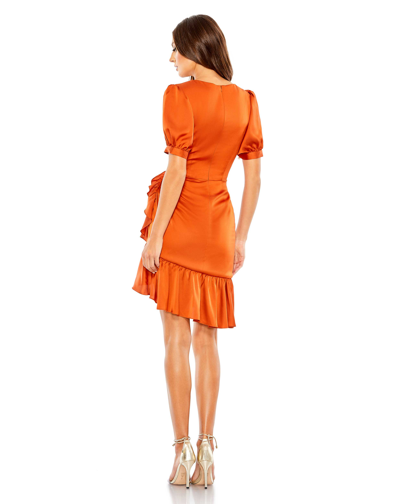 Shop Ieena For Mac Duggal Short Puff Sleeve Faux Wrap Mini Dress - Final Sale In Burnt Orange