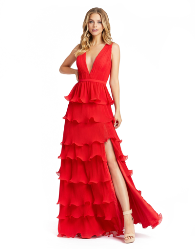 Shop Ieena For Mac Duggal Sleeveless Ruffle Tiered V Neck Gown In Red