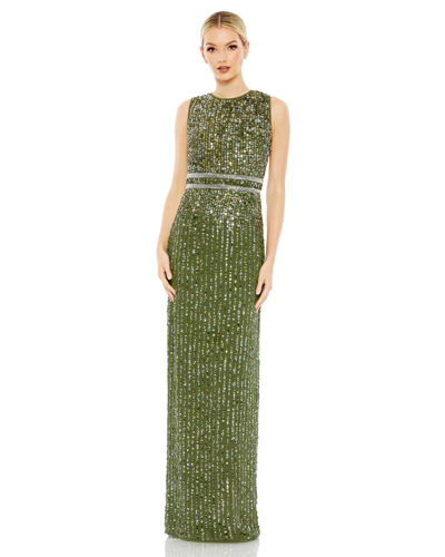 Shop Mac Duggal Sequined High Neck Sleeveless Column Gown In Olive