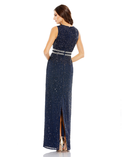 Shop Mac Duggal Sequined High Neck Sleeveless Column Gown In Midnight