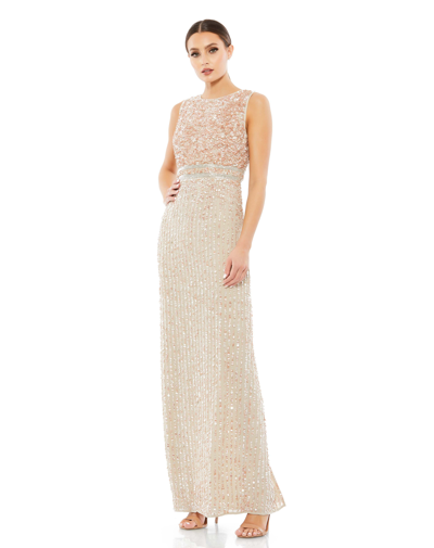 Shop Mac Duggal Sequined High Neck Sleeveless Column Gown In Nude