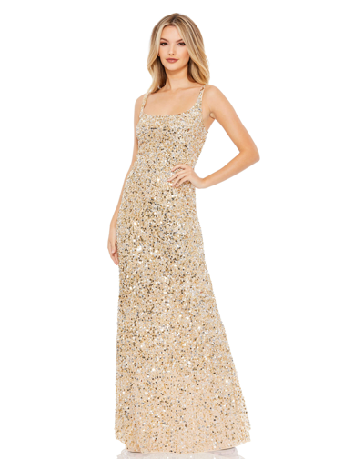 Shop Mac Duggal Sequined Low Back Slip Gown In Gold