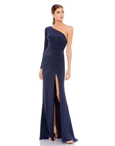 Shop Ieena For Mac Duggal Stretch Jersey One Sleeve Gathered Waist Gown In Navy