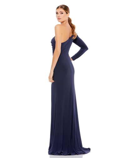 Shop Ieena For Mac Duggal Stretch Jersey One Sleeve Gathered Waist Gown In Navy