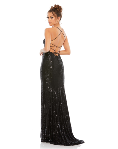 Shop Ieena For Mac Duggal Stretch Sequin Lace Up Back Evening Gown In Black
