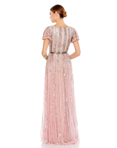Shop Mac Duggal Stripe Sequin V-neck Gown In Rose