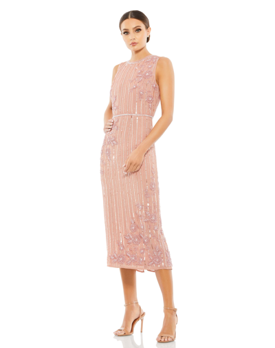 Shop Mac Duggal Striped Floral Embellished Sleeveless Midi Dress In Rose